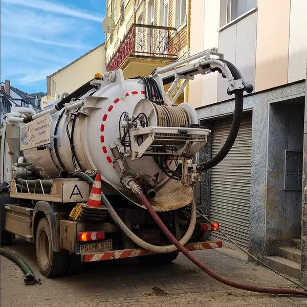 Saugspülfahrzeug von KARO-Tec im Einsatz in einer verschlammten Straße im Ahrtal