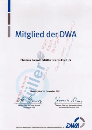 Mitgliedsurkunde der DWA für Thomas Müller Karo-Tec UG, seit Dezember 2012