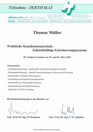 Teilnahmezertifikat Lindauer Seminar „Praktische Kanalisationstechnik“